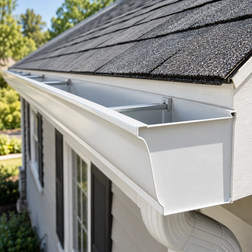 White K-style residential gutter at a roof eave
